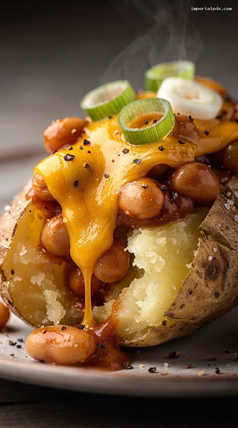 Microwave Jacket Potato With Baked Beans and Cheddar – Closeup