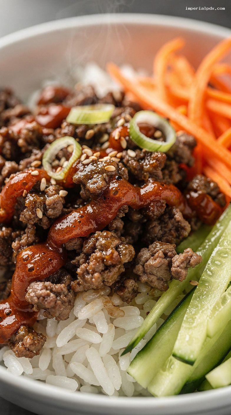 Microwave Korean-Inspired Beef Bowl With Rice and Veggies – Closeup