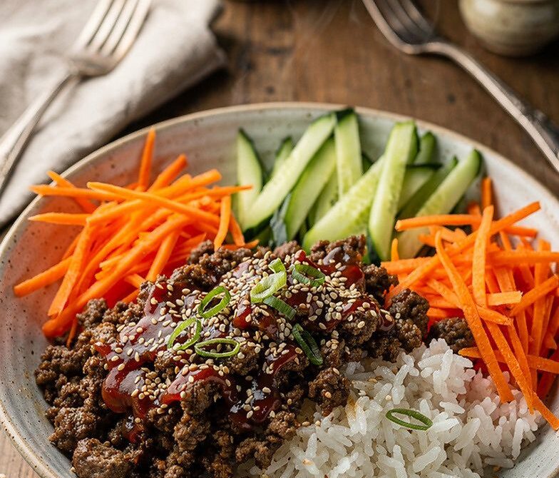 Microwave Korean-Inspired Beef Bowl With Rice and Veggies