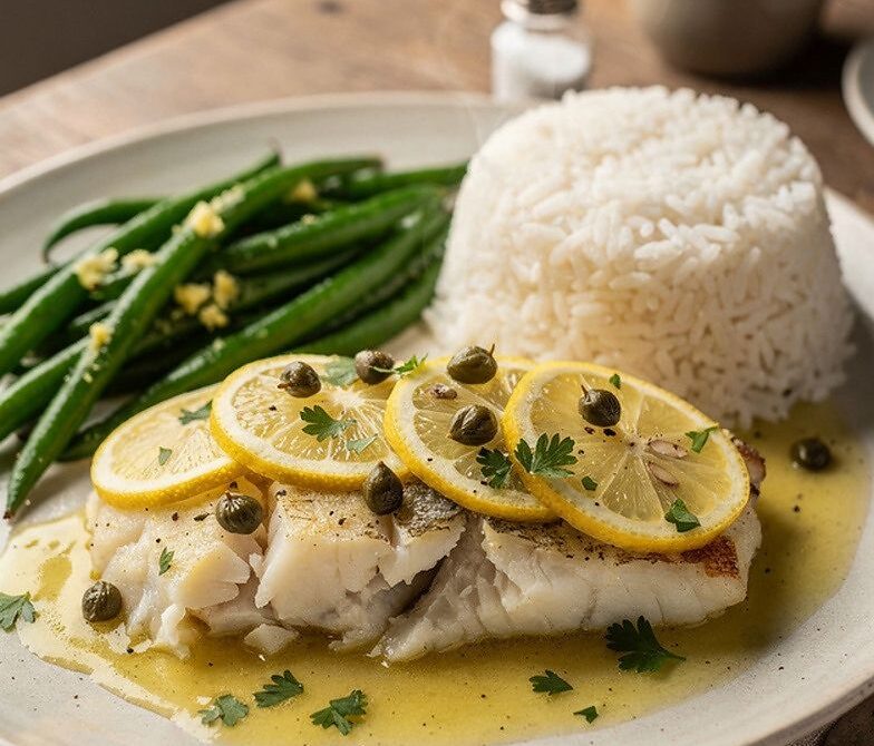 Microwave Lemon Caper White Fish With Rice and Green Beans