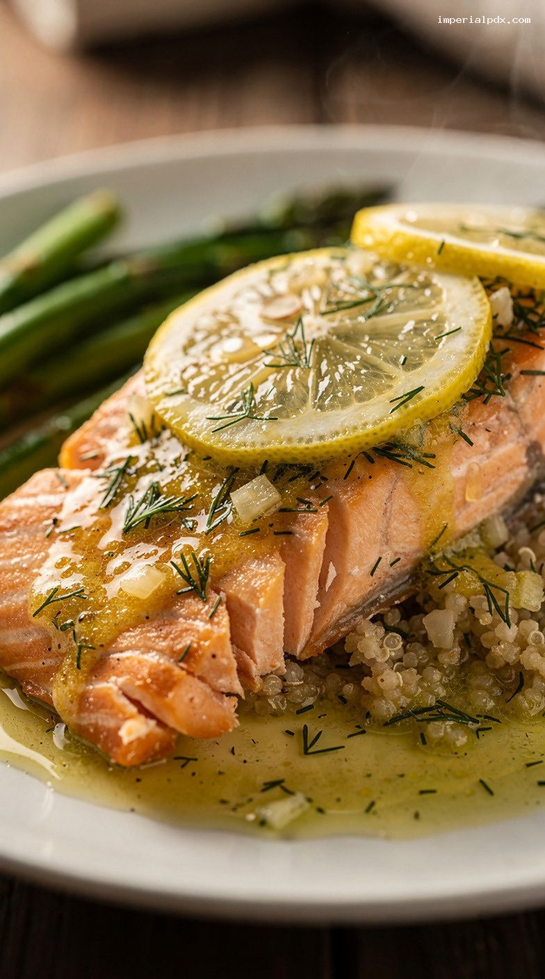 Microwave Lemon Dill Salmon With Asparagus and Rice – Closeup
