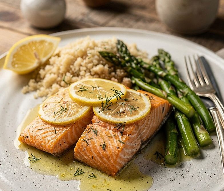 Microwave Lemon Dill Salmon With Asparagus and Rice