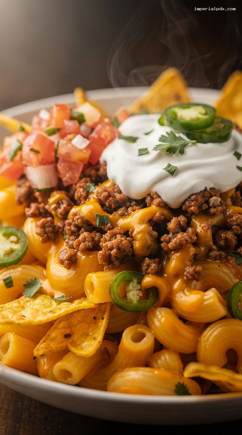 Microwave Loaded Nacho Mac and Cheese Bowl Recipe – Closeup
