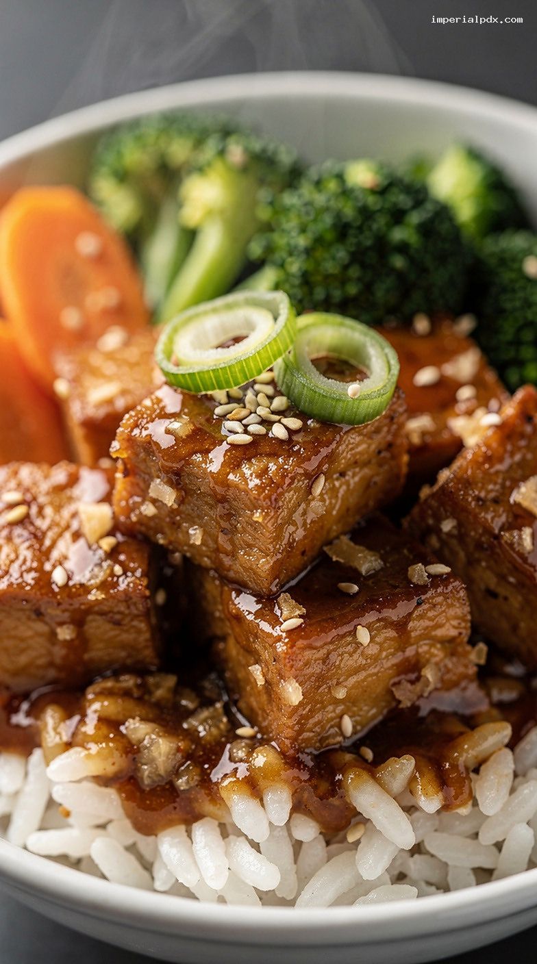 Microwave Maple-Soy Glazed Tofu Bowl With Rice and Veggies – Closeup