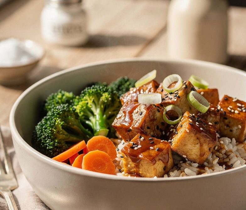 Microwave Maple-Soy Glazed Tofu Bowl With Rice and Veggies