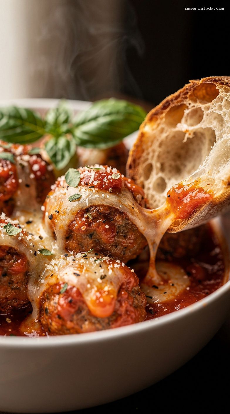 Microwave Meatball Sub Bowl With Marinara and Melted Provolone – Closeup