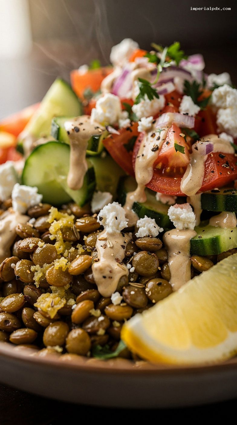 Microwave Mediterranean Lentil Bowl With Feta and Tahini Drizzle – Closeup