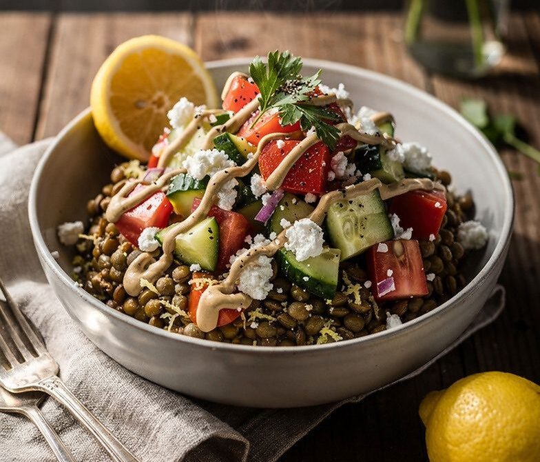 Microwave Mediterranean Lentil Bowl With Feta and Tahini Drizzle