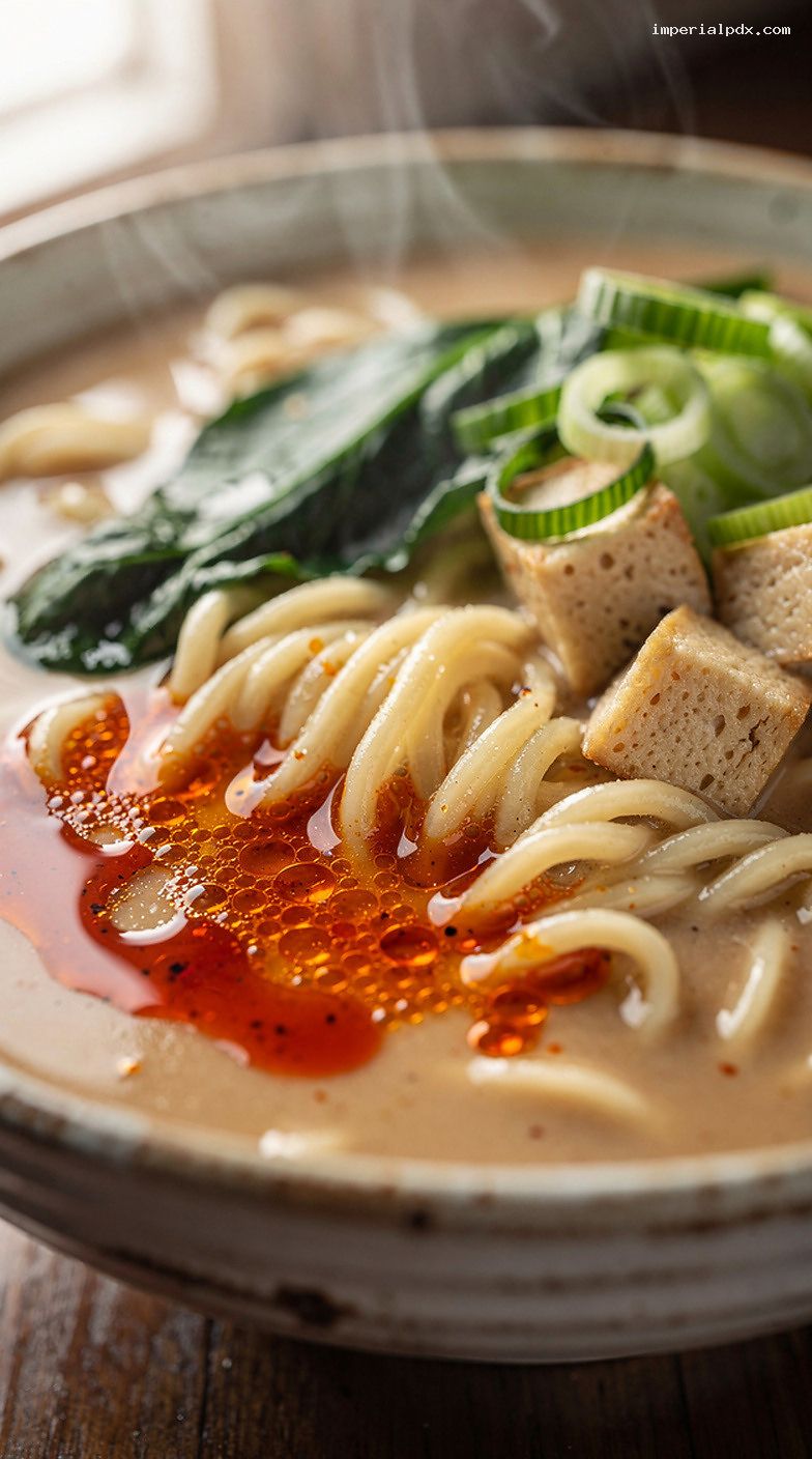 Microwave Miso Ramen with Tofu, Greens, and Chili Oil – Closeup