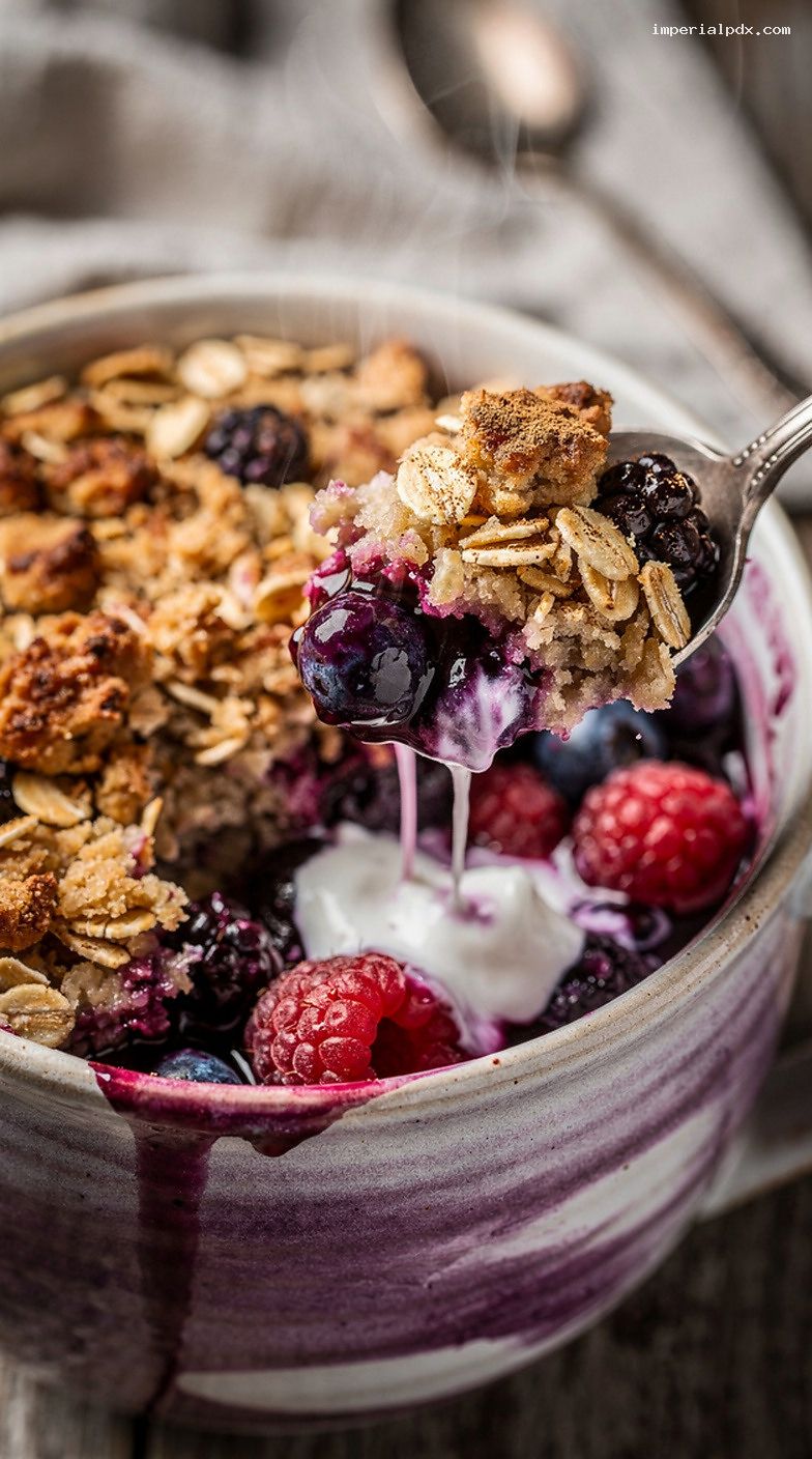 Microwave Mixed Berry Crumble Mug With Oat Cinnamon Topping – Closeup