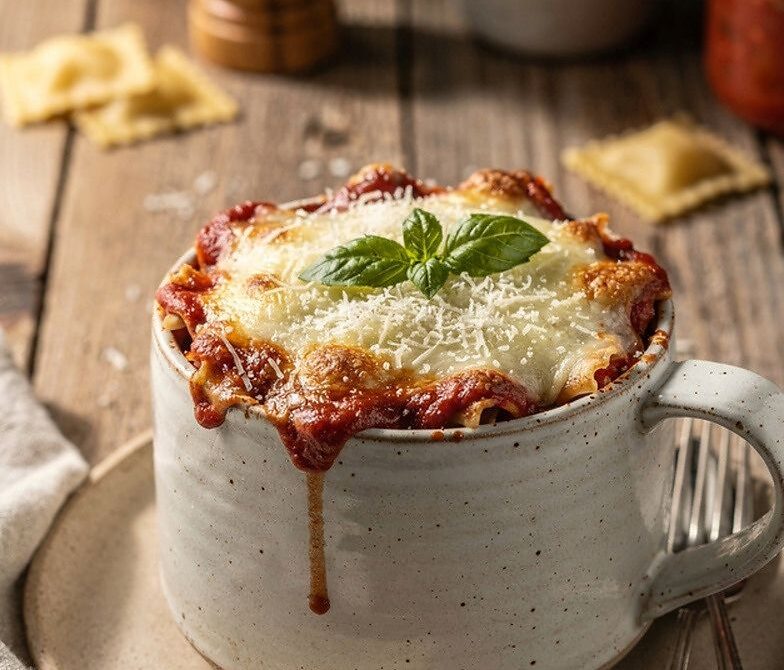 Microwave Mug Lasagna With Spinach and Three Cheeses