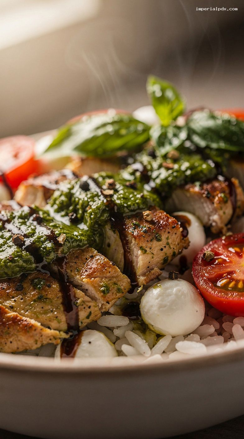 Microwave Pesto Chicken Caprese Bowl With Balsamic Glaze – Closeup
