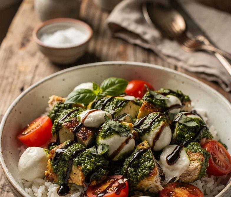Microwave Pesto Chicken Caprese Bowl With Balsamic Glaze