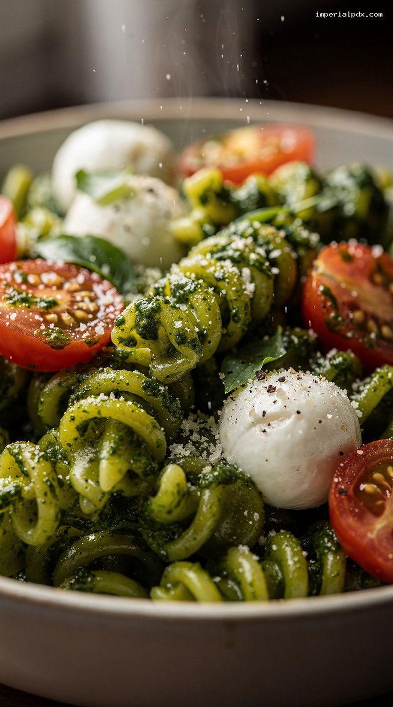 Microwave Pesto Mozzarella Pasta With Cherry Tomatoes and Parmesan – Closeup