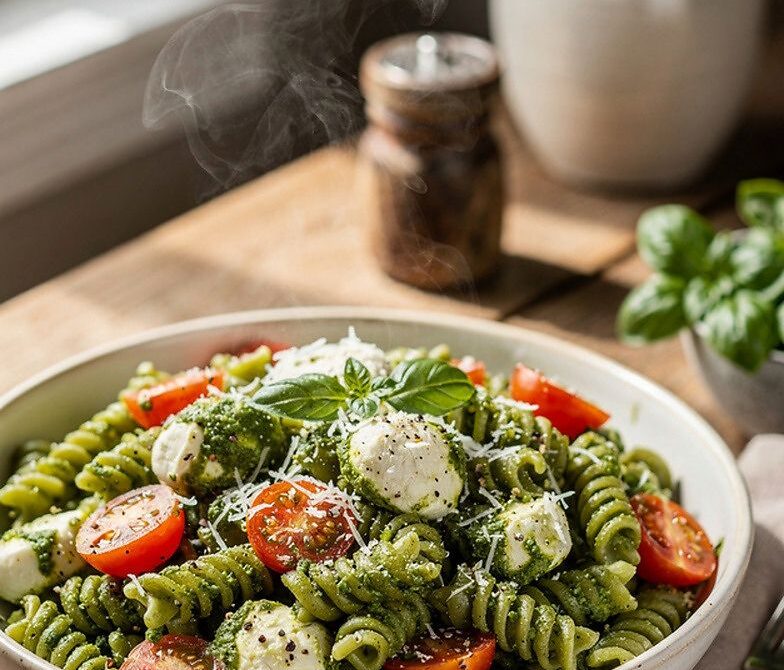 Microwave Pesto Mozzarella Pasta With Cherry Tomatoes and Parmesan