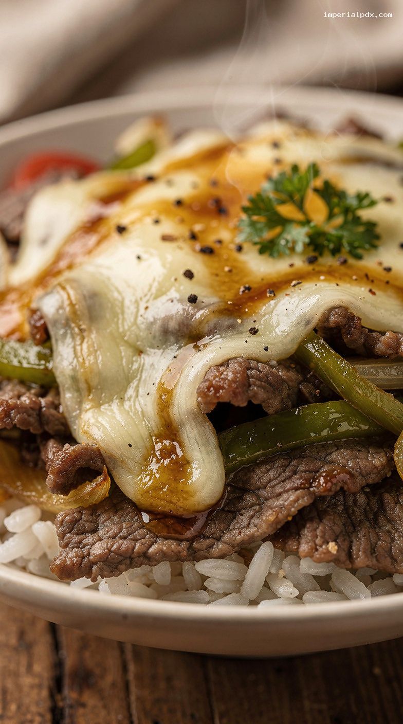 Microwave Philly Cheesesteak Bowl with Peppers, Onions, and Melted Provolone – Closeup