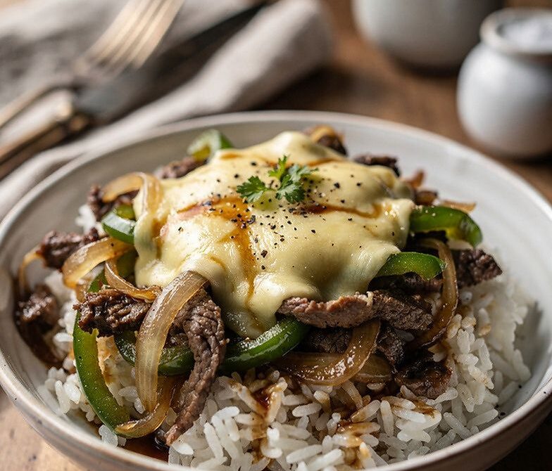 Microwave Philly Cheesesteak Bowl with Peppers, Onions, and Melted Provolone