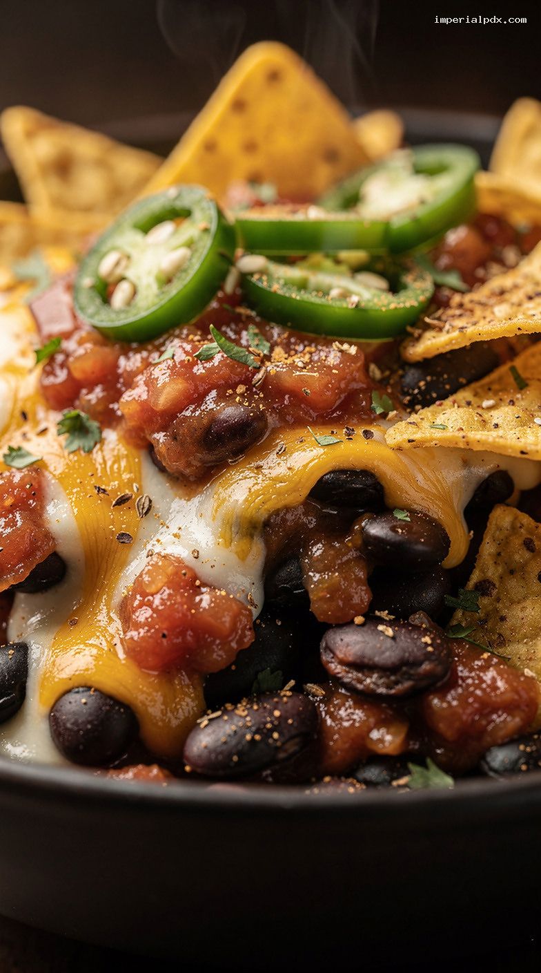 Microwave Queso Black Bean Nacho Bowl with Jalapeños and Chips – Closeup