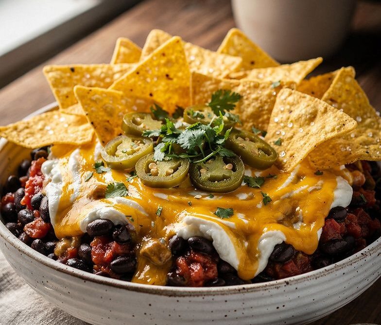 Microwave Queso Black Bean Nacho Bowl with Jalapeños and Chips