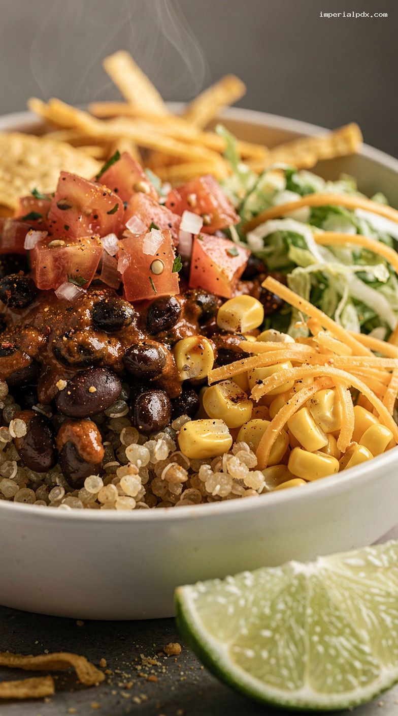 Microwave Quinoa Taco Bowl with Black Beans, Corn, and Salsa – Closeup