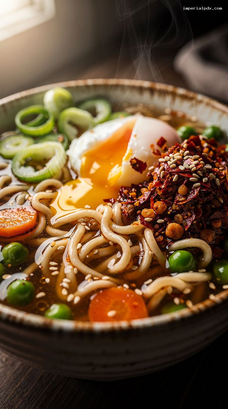 Microwave Ramen With Veggies, Soy-Sesame Broth, And Jammy Egg – Closeup
