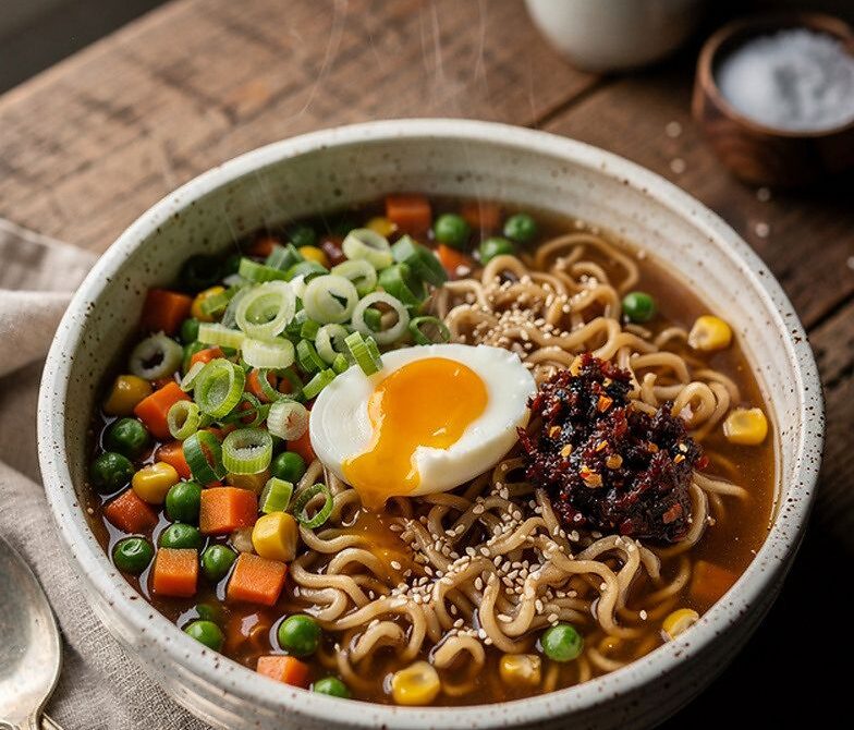 Microwave Ramen With Veggies, Soy-Sesame Broth, And Jammy Egg