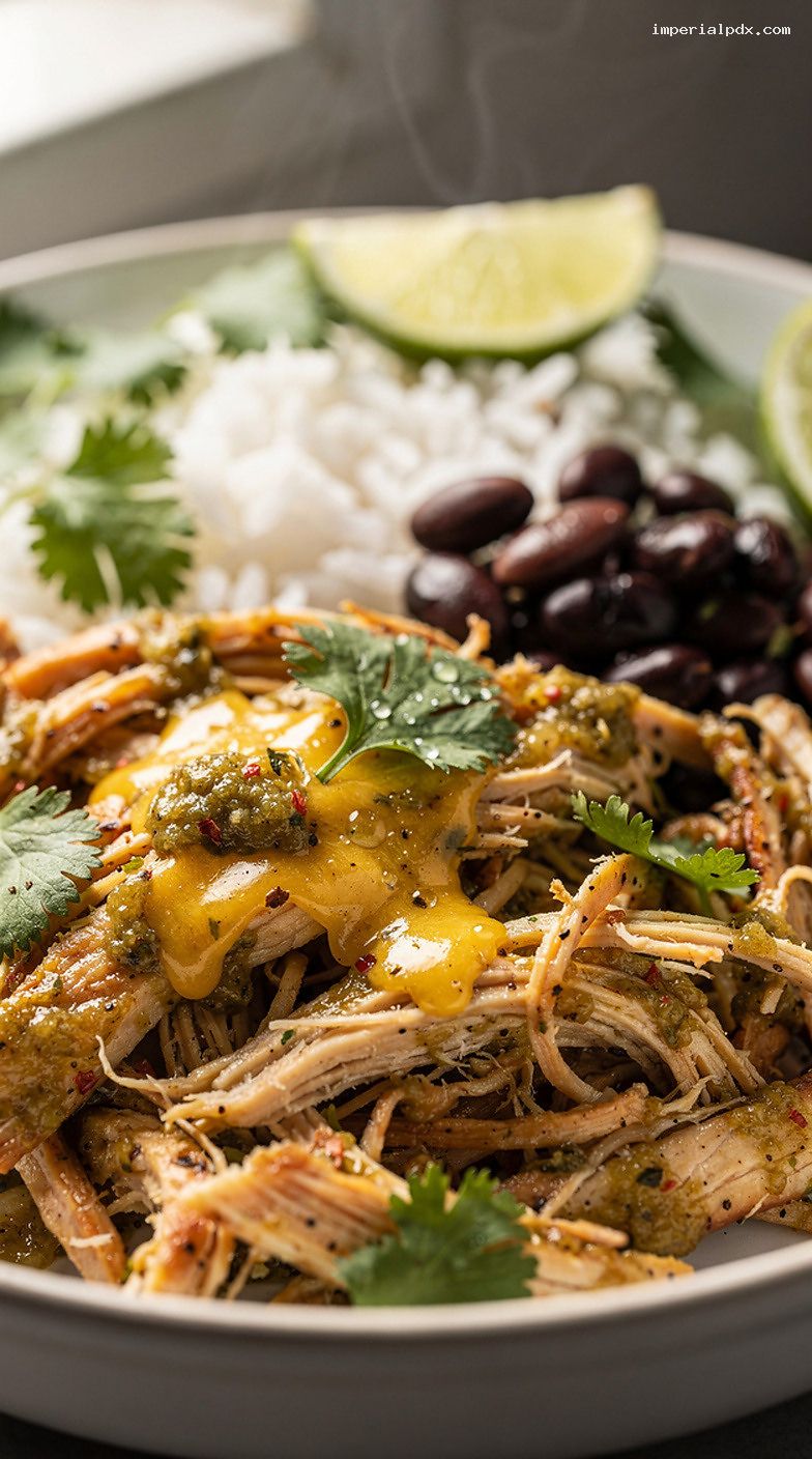Microwave Salsa Verde Chicken Bowl With Rice and Black Beans – Closeup