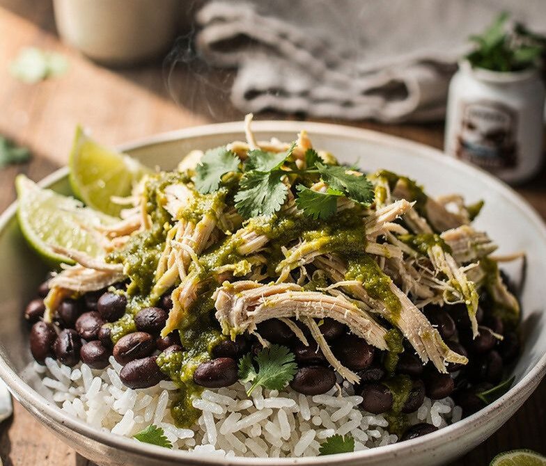 Microwave Salsa Verde Chicken Bowl With Rice and Black Beans