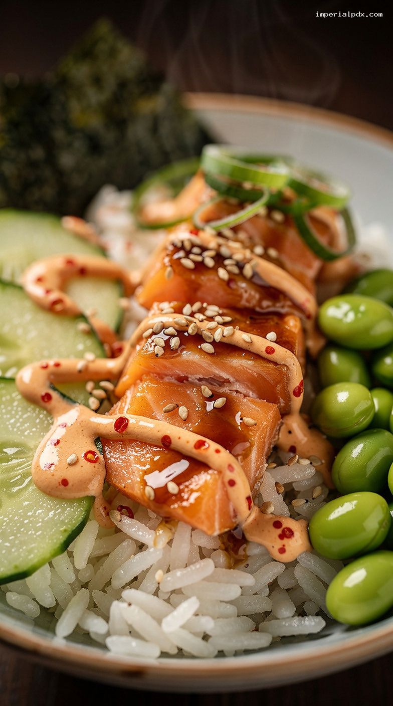 Microwave Sesame-Ginger Salmon Rice Bowl With Sriracha Mayo – Closeup