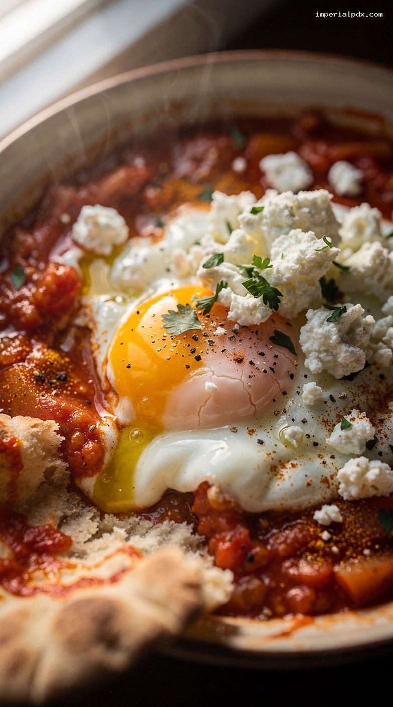 Microwave Shakshuka-Inspired Eggs with Feta and Parsley – Closeup