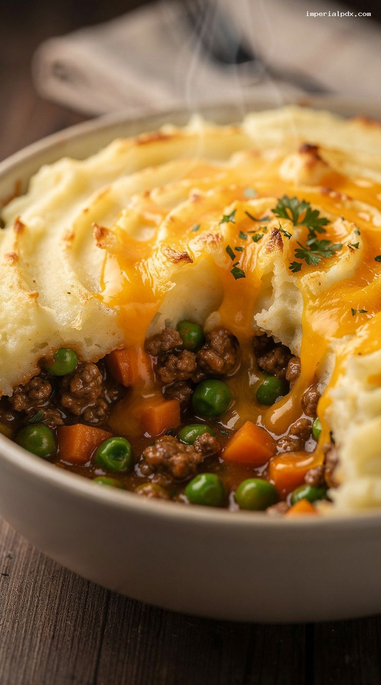 Microwave Shepherd’s Pie Bowl With Mashed Potatoes and Cheddar – Closeup