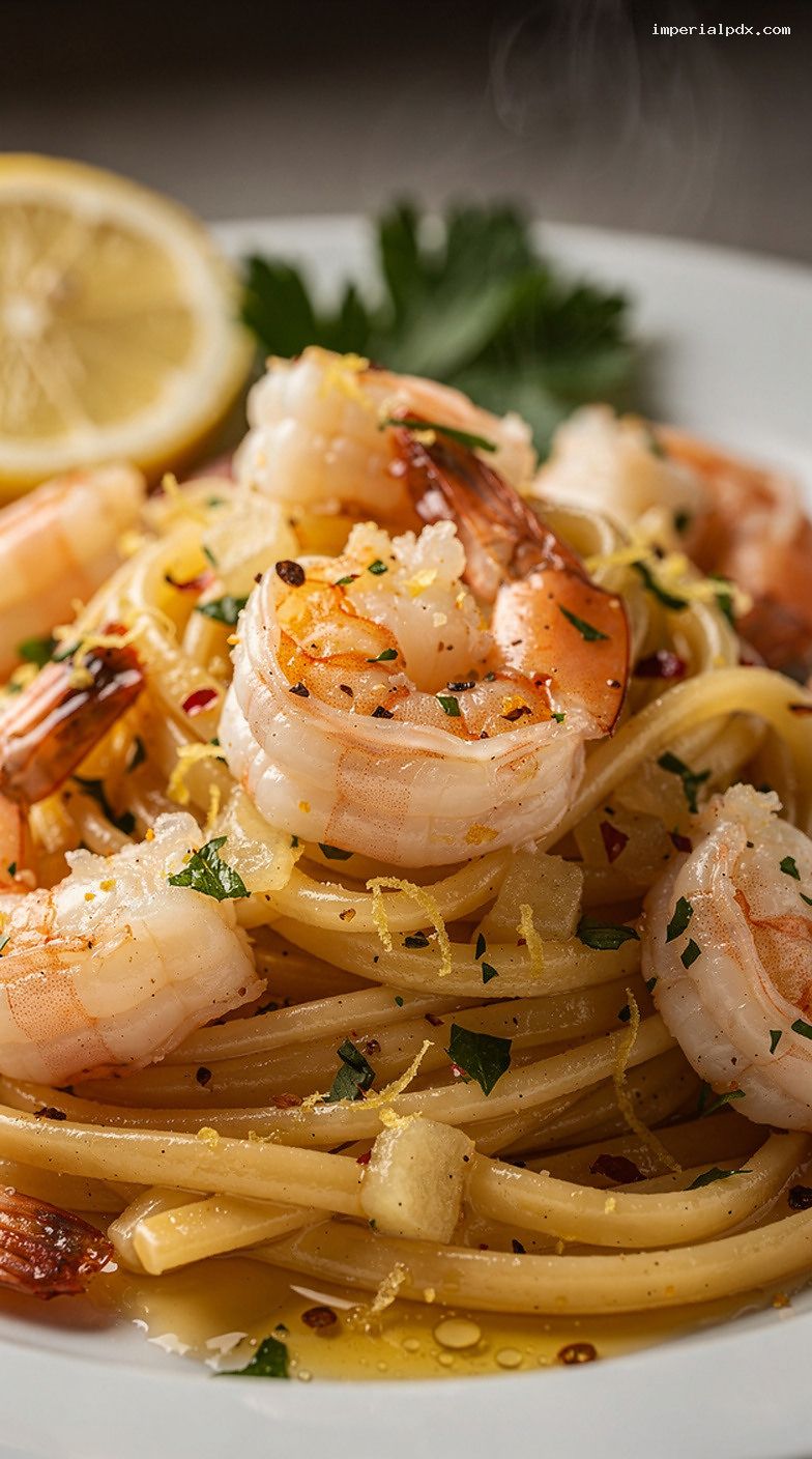 Microwave Shrimp Scampi Pasta With Garlic Lemon Butter – Closeup
