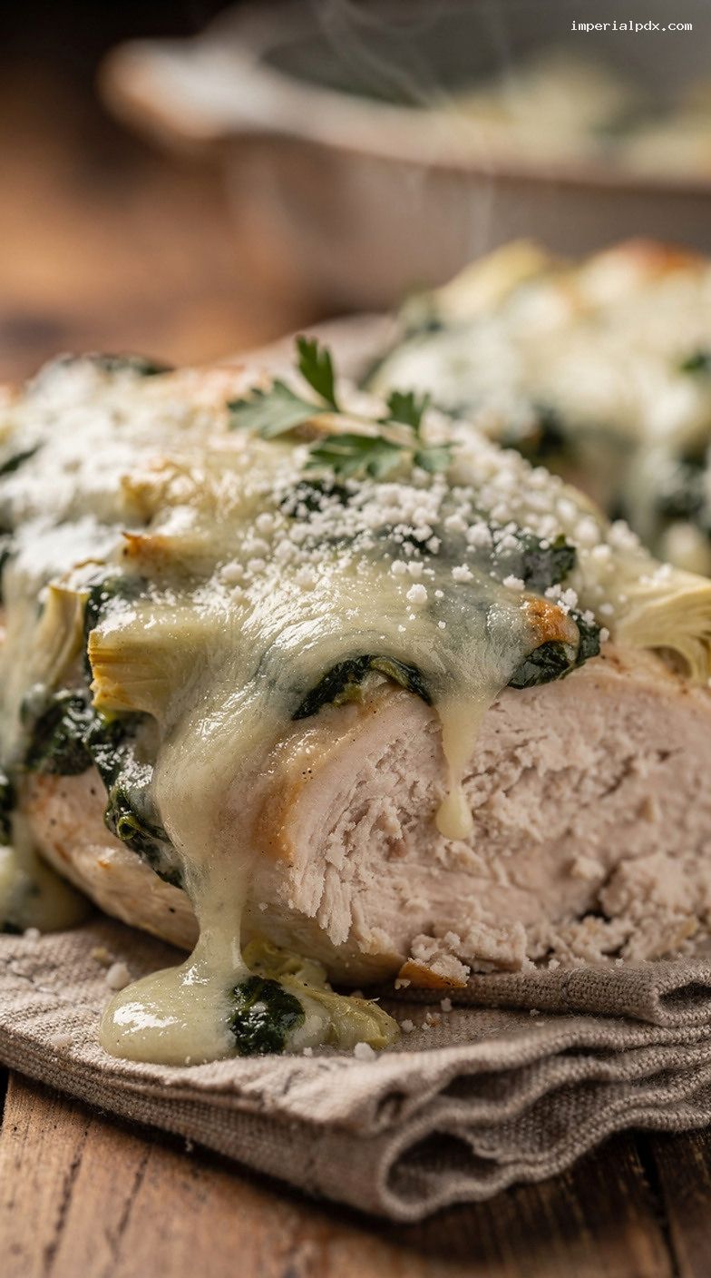 Microwave Spinach Artichoke Cheesy Chicken Bake – Closeup