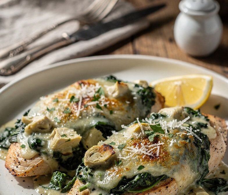 Microwave Spinach Artichoke Cheesy Chicken Bake