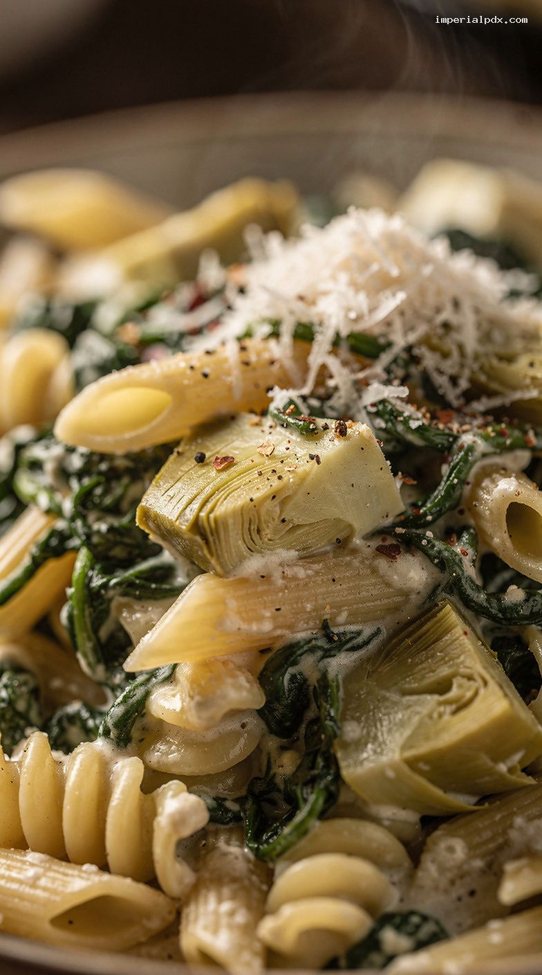 Microwave Spinach Artichoke Dip Pasta with Cream Cheese and Parmesan – Closeup