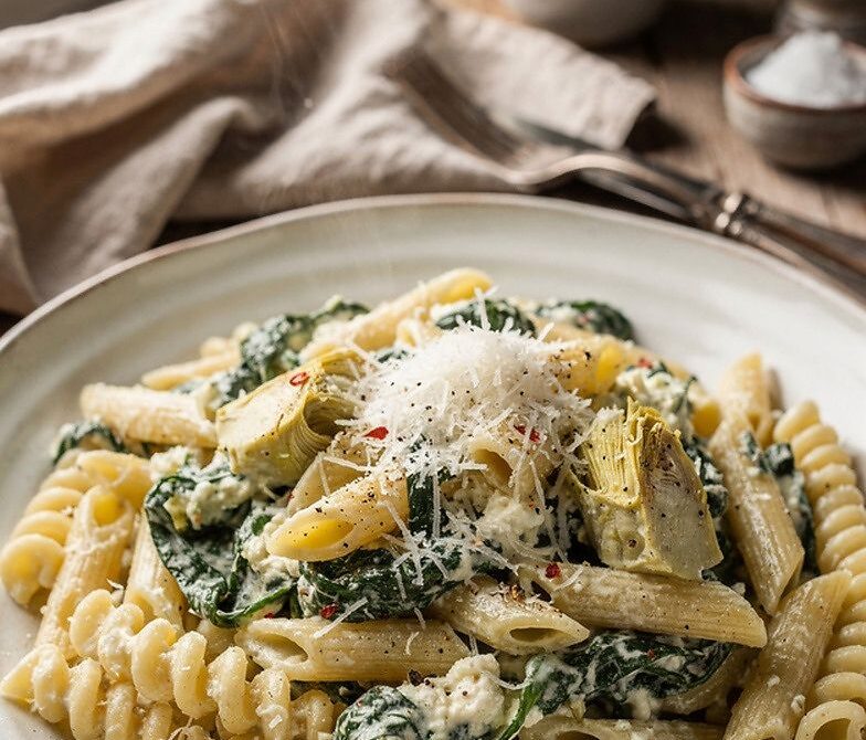 Microwave Spinach Artichoke Dip Pasta with Cream Cheese and Parmesan