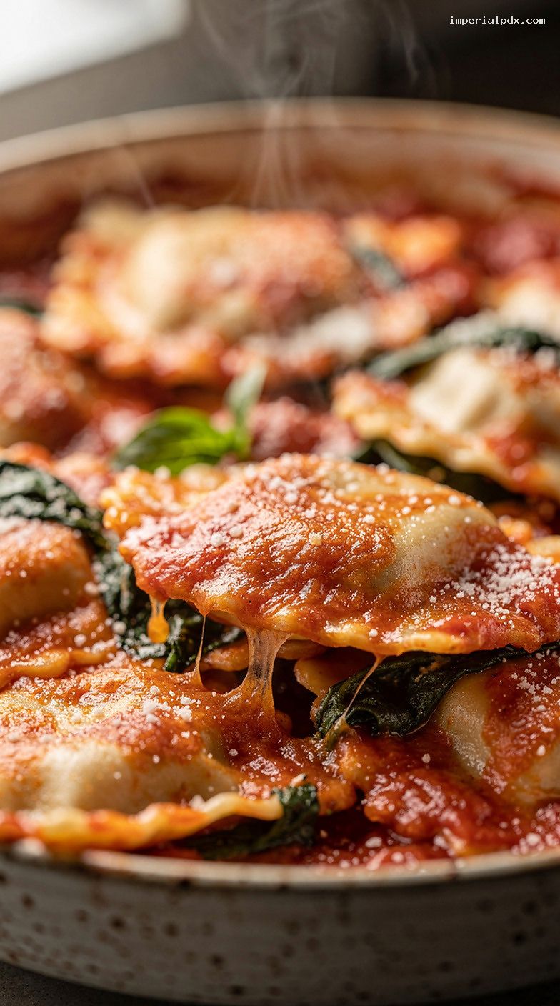 Microwave Spinach Ricotta Ravioli Bake Bowl with Marinara and Mozzarella – Closeup