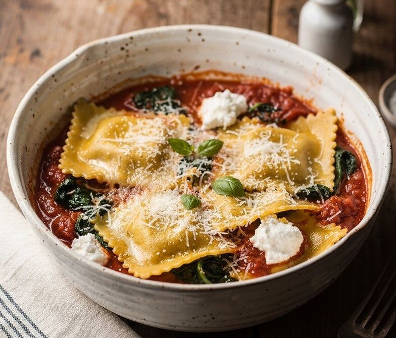 Microwave Spinach Ricotta Ravioli Bake Bowl with Marinara and Mozzarella