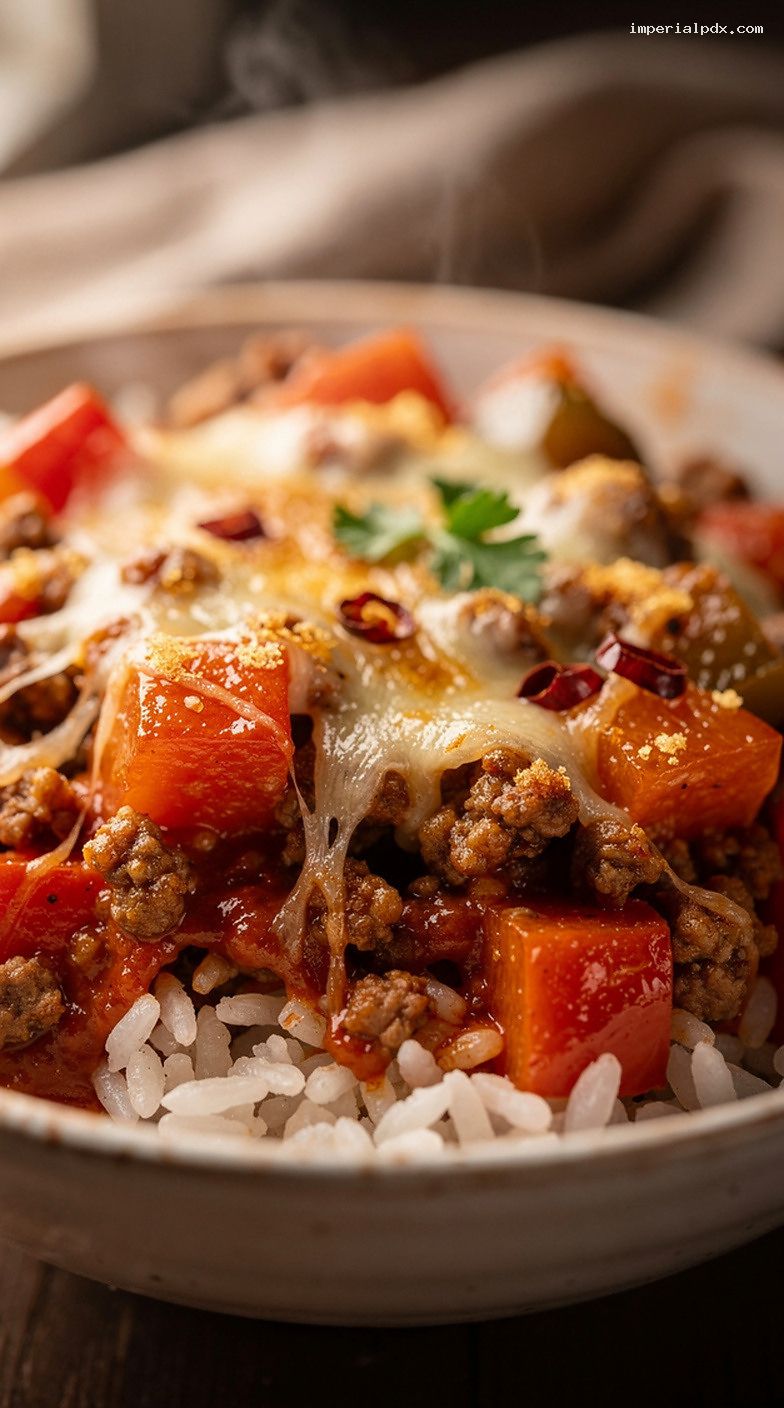 Microwave Stuffed Pepper Bowl With Ground Beef, Rice, and Cheese – Closeup