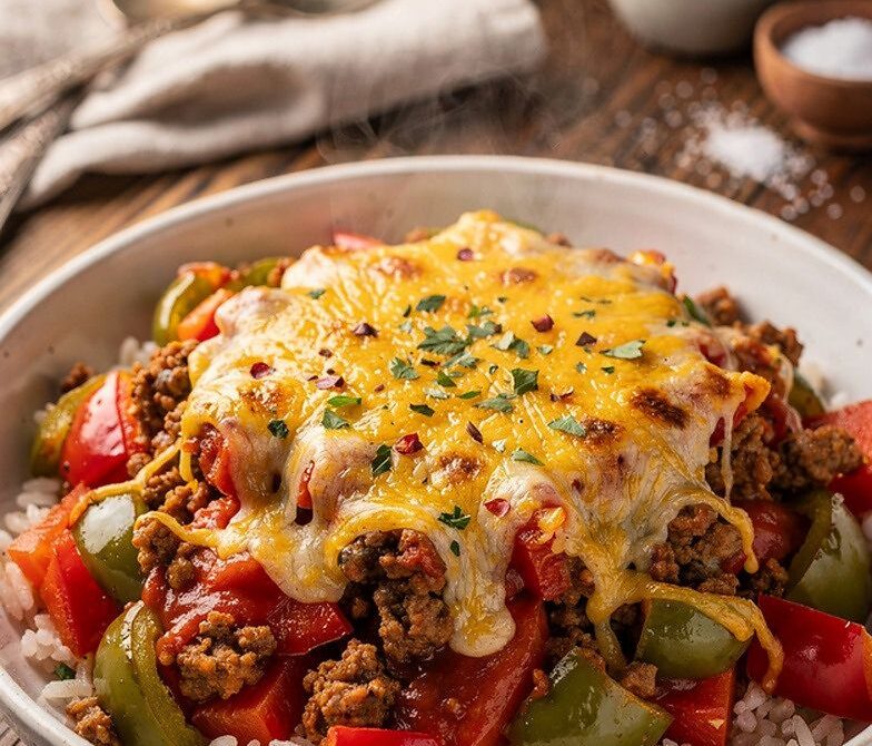 Microwave Stuffed Pepper Bowl With Ground Beef, Rice, and Cheese