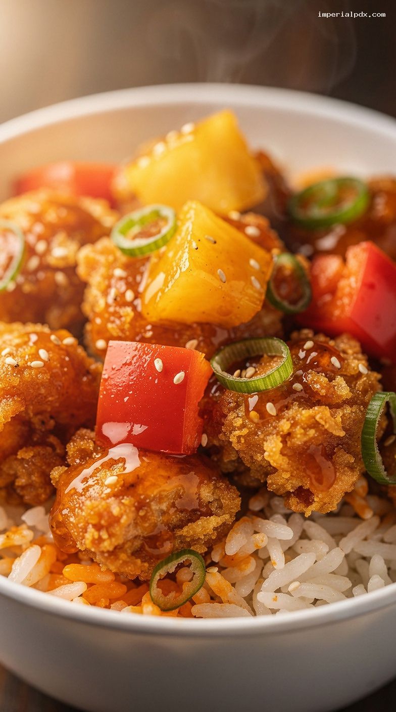 Microwave Sweet-and-Sour Chicken Bowl With Pineapple Over Rice – Closeup