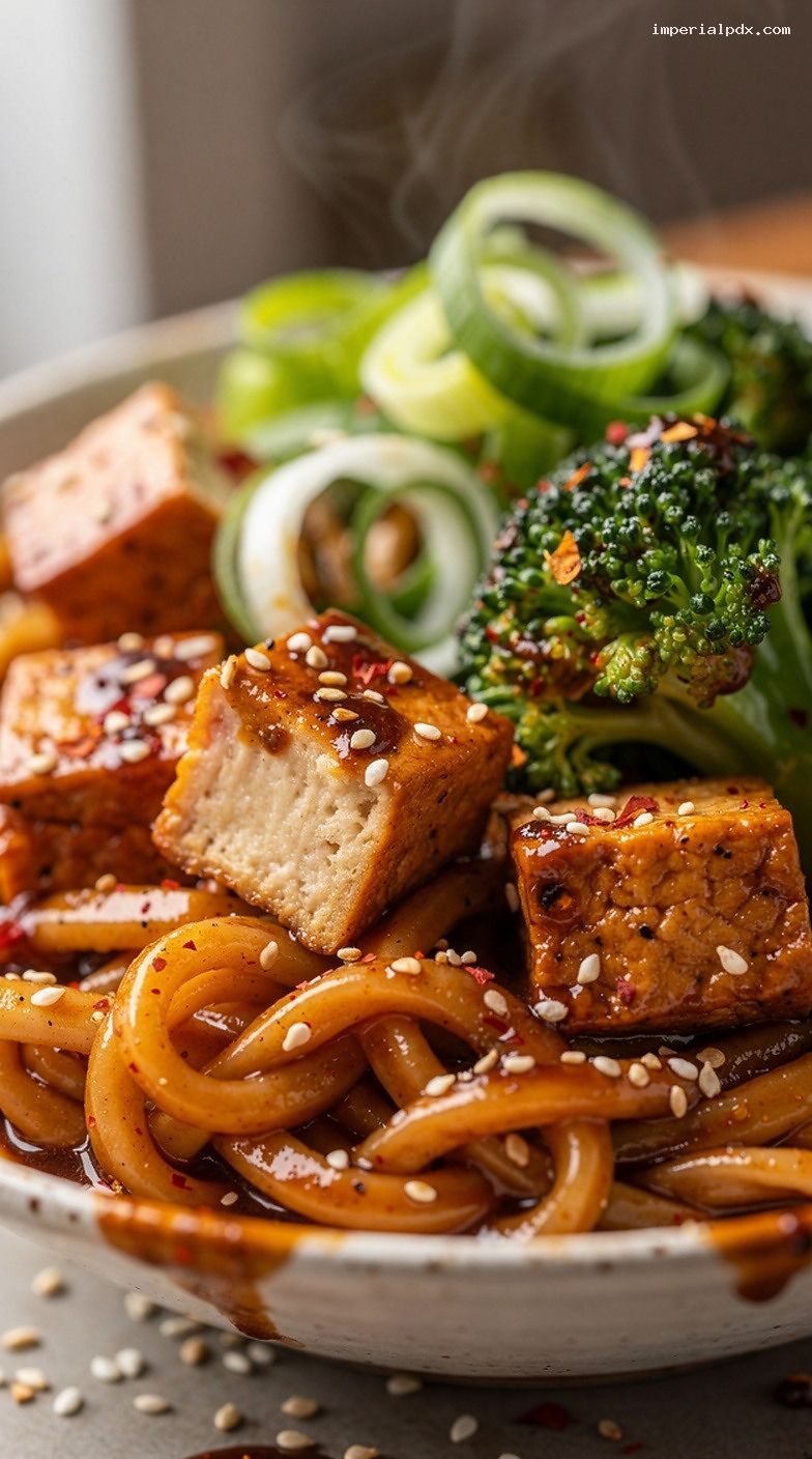 Microwave Szechuan-Style Tofu Noodle Bowl With Broccoli – Closeup