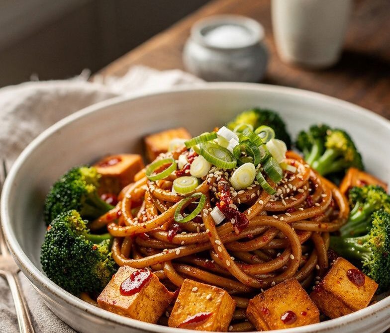 Microwave Szechuan-Style Tofu Noodle Bowl With Broccoli