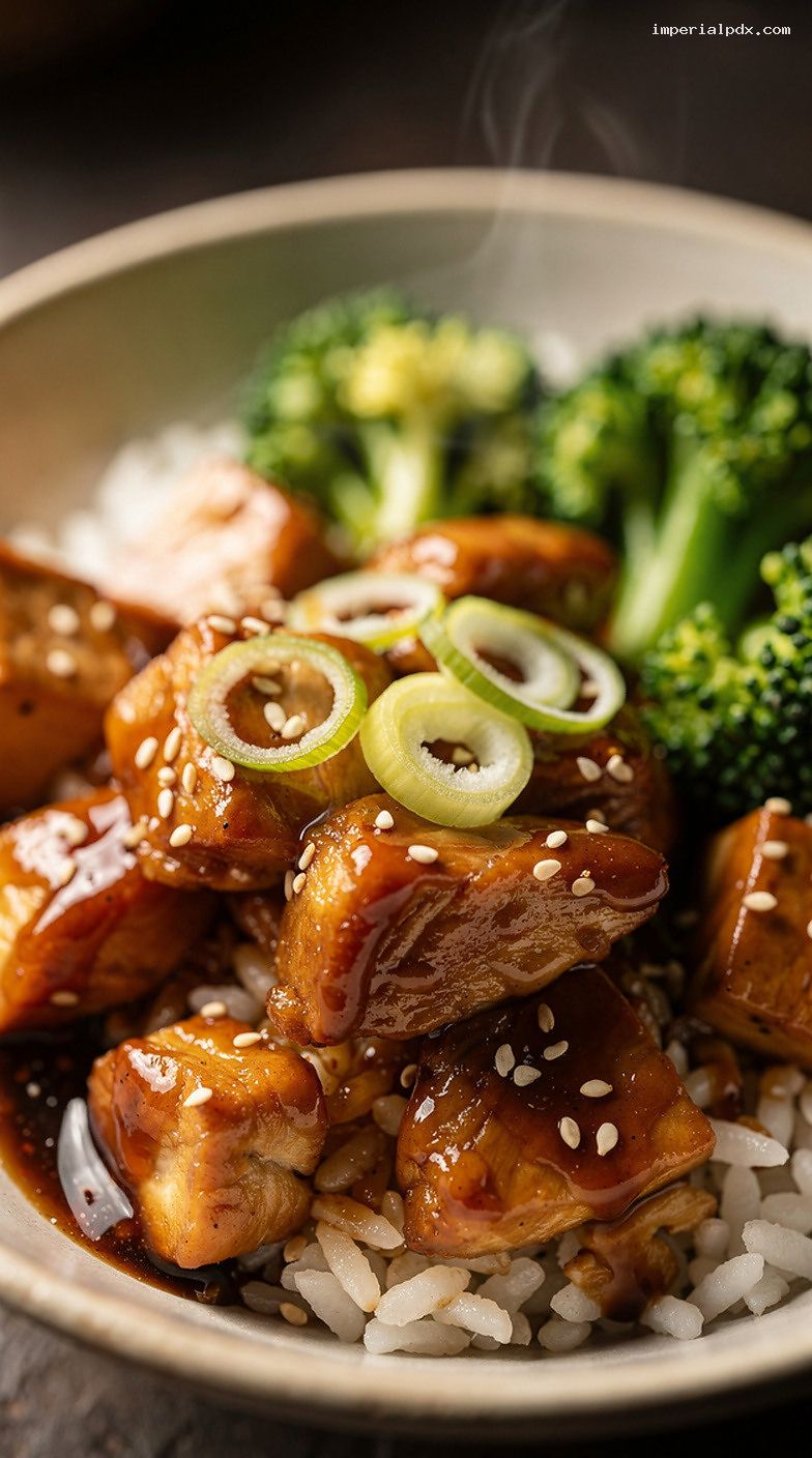 Microwave Teriyaki Chicken Rice Bowl With Broccoli – Closeup