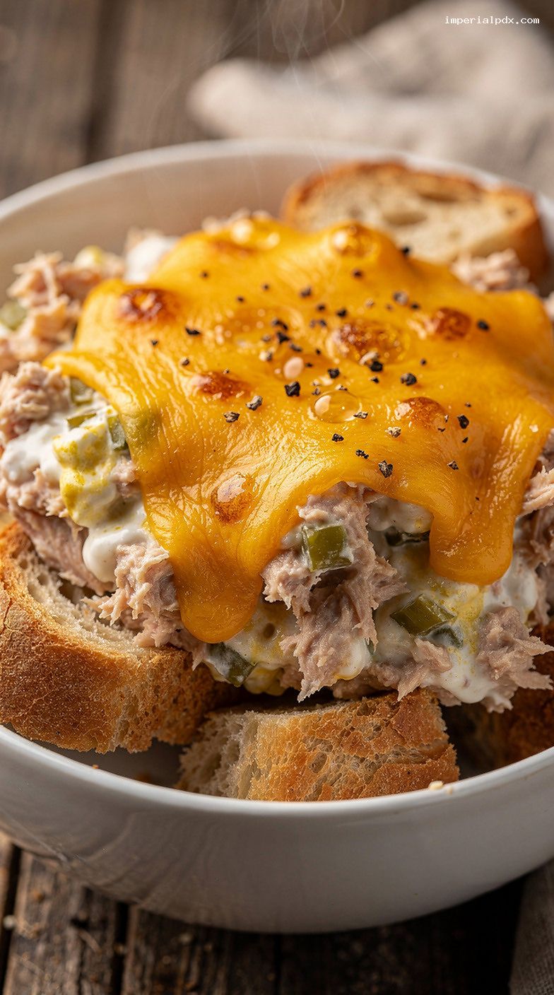 Microwave Tuna Melt Bowl with Cheddar and Pickles – Closeup