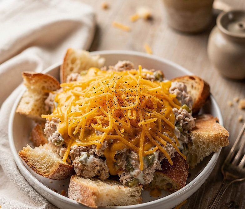 Microwave Tuna Melt Bowl with Cheddar and Pickles