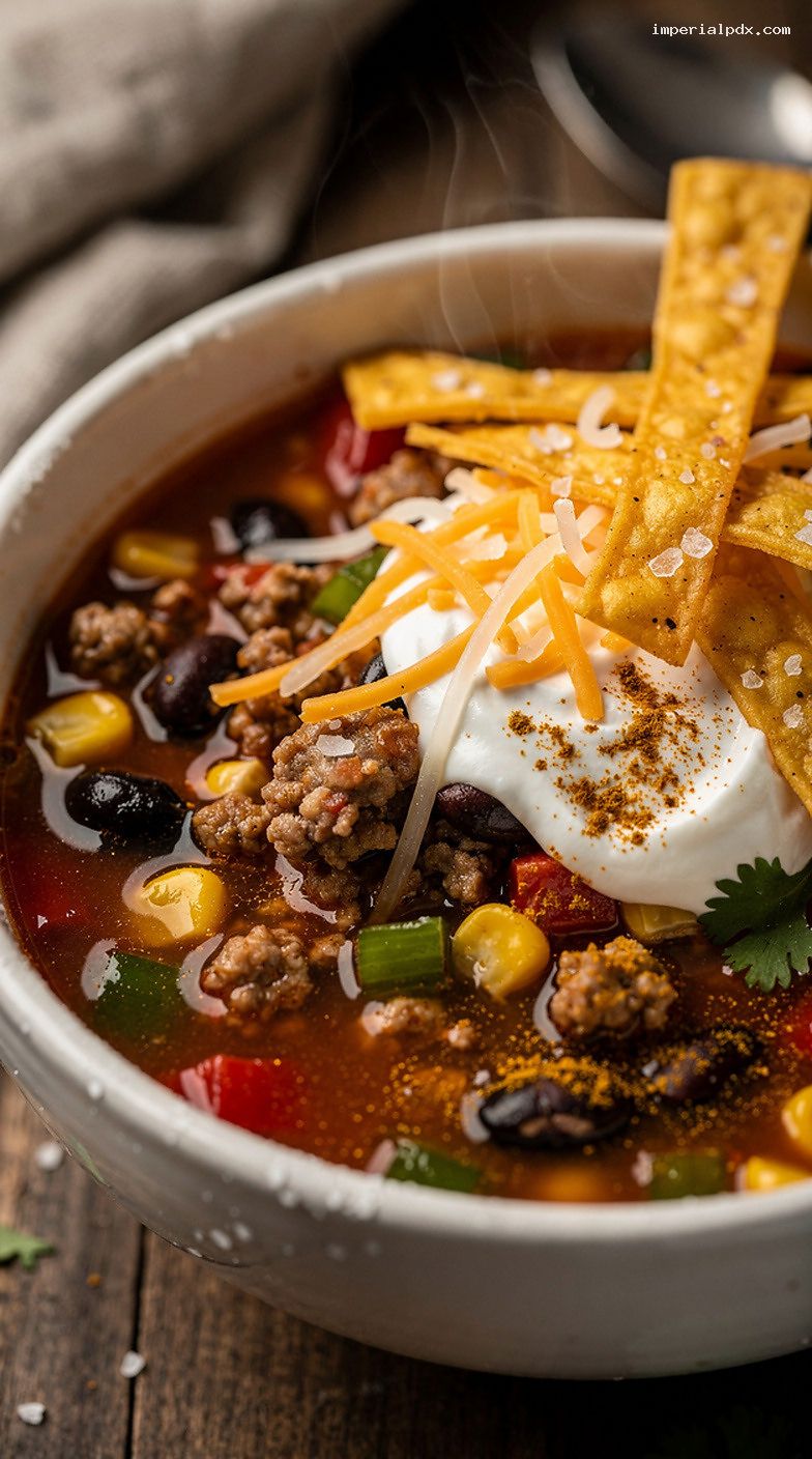 Microwave Turkey Taco Soup With Beans, Corn, and Toppings – Closeup