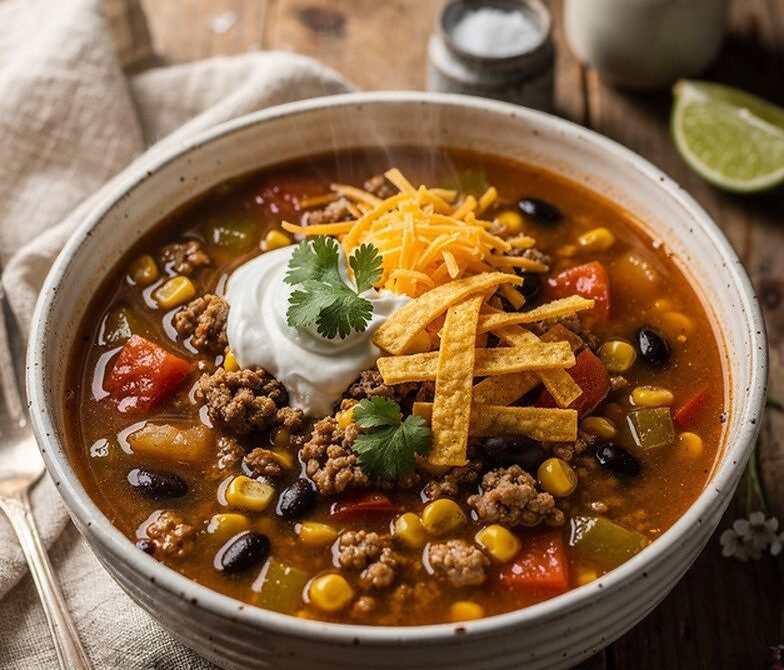 Microwave Turkey Taco Soup With Beans, Corn, and Toppings