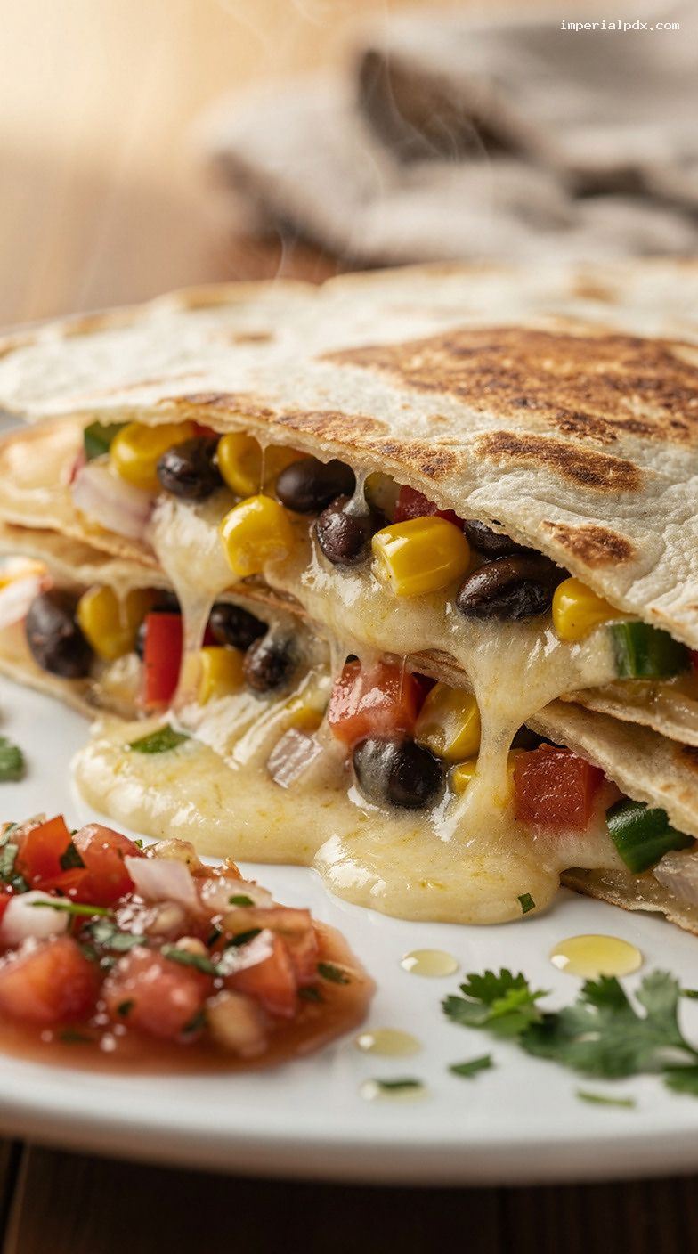 Microwave Veggie Quesadillas with Black Beans, Corn, and Salsa – Closeup
