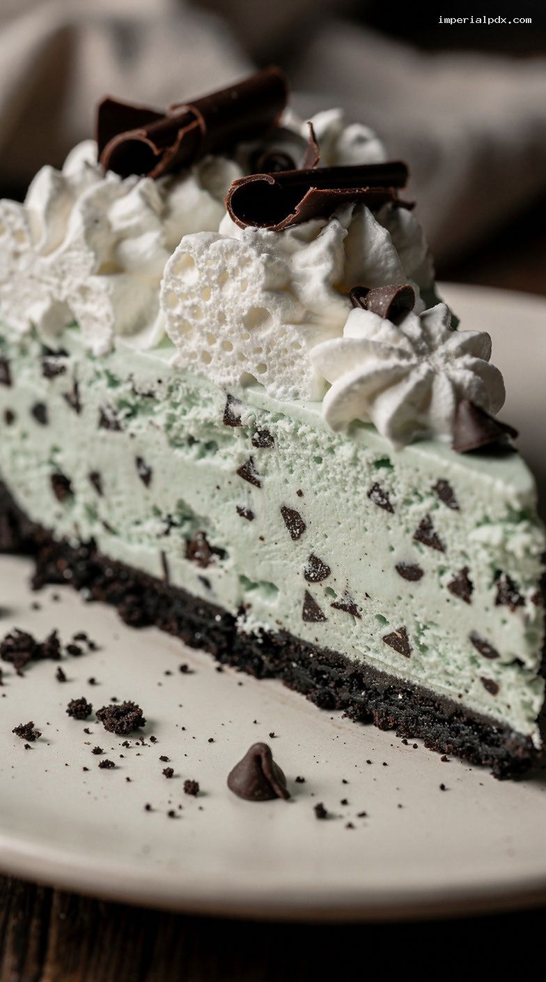 Mint Chocolate Chip Cream Pie with Cookie Crust – Closeup